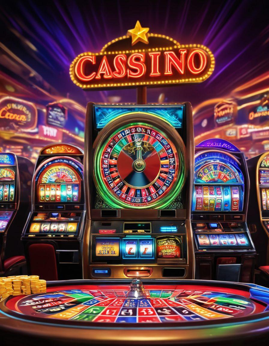 A dynamic casino scene featuring colorful slot machines blinking with bright lights, a lively crowd cheering around a live dealer table, and chips and cards flying in excitement. Capture the thrill and energy of the casino atmosphere, with a focus on vibrant colors and animated expressions. Include elements like roulette wheels and flashing neon signs in the background. super-realistic. vibrant colors. high-energy.