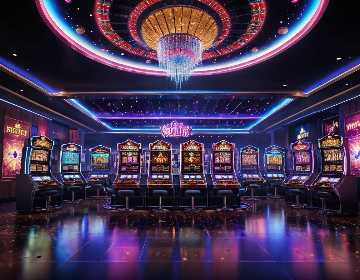 An exhilarating scene of a virtual casino filled with neon lights and digital slot machines, featuring diverse players celebrating big wins with confetti in the air. Include a dazzling roulette wheel and cards floating in a digital space. Showcase an immersive gaming atmosphere with futuristic elements and glowing screens. ultra-realistic. vibrant colors. digital art.